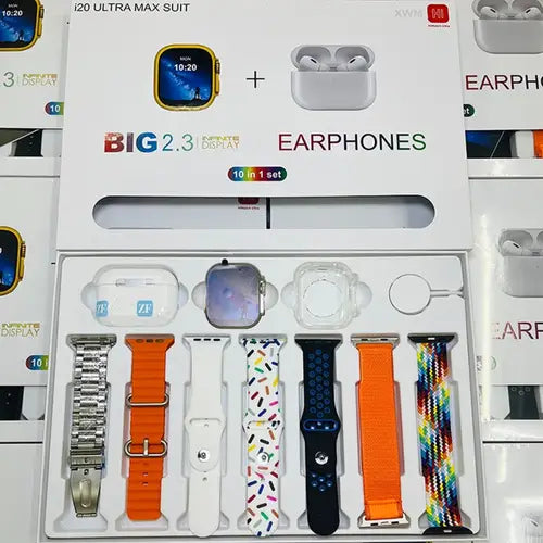 10-in-1 Set I20 Ultra Max Smartwatch Combo – 2.3" Display, 7 Straps & Wireless Earbuds